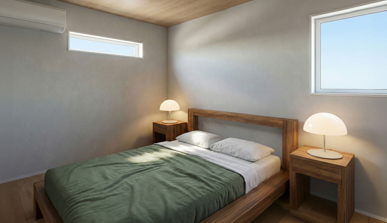 木目天井とスリット窓のあるナチュラルな寝室