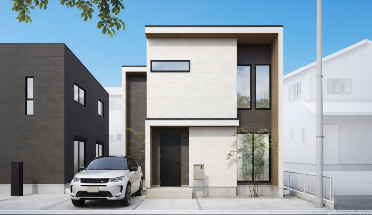 四角いフォルムと木目調アクセントが特徴的な住宅の正面外観