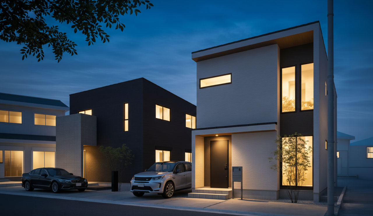 夜景に映える温かい明かりが漏れるモダン住宅