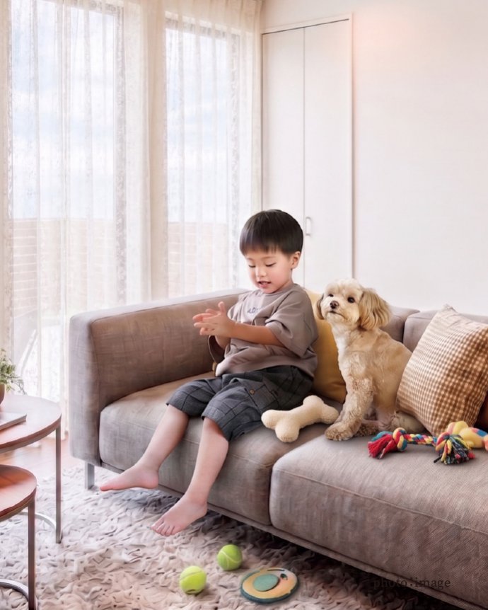 明るいリビングのソファに並んで座る男の子と愛犬