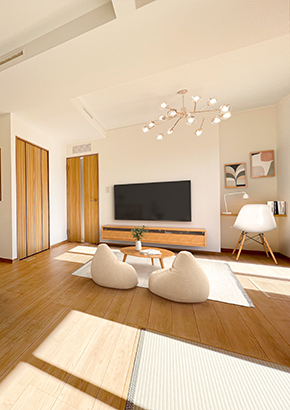 リビングに在宅ワークスペースのあるナチュラルハウス