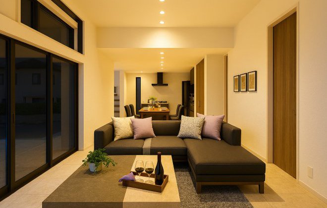 ✓21.7帖＆3mのハイ天井で設計された開放的なリビング

南向きの大きな窓と、高さ3mのハイ天井が開放感あふれる広々LDK。家族が自然と集まる明るい空間です。