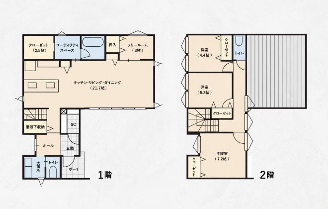 ■住宅スペック

延べ床面積：115.93㎡（35.07坪）

間取り：4LDK + ファミリークローゼット + シューズクローゼットほか

1階に広大なLDKと水回り、2階に3部屋の個室を配したスタンダードな中にも様々な工夫が施された間取りです。